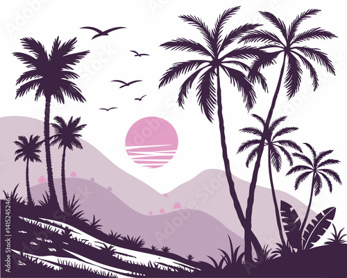 Very Peri Tropical Sunrise Silhouette Vector – Palm Trees, Pink Sun & Mountain Landscape Illustration 