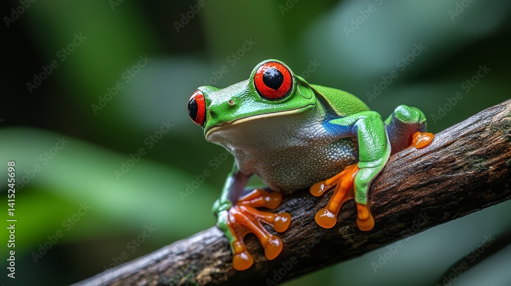 Fototapeta premium Vibrant Red-Eyed Tree Frog Sitting on Branch in Lush Green Habitat
