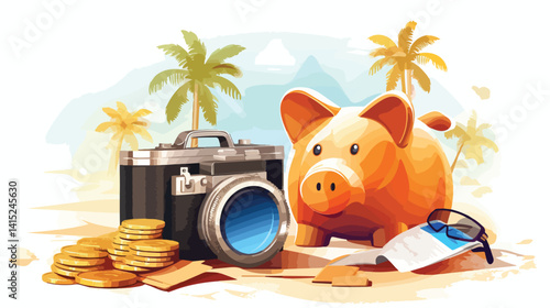 Summer Savings Concept with Piggy Bank, Money, Beach Accessories, and Sunscreen