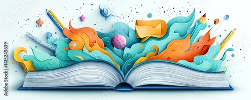 magical papercut vector art of school supplies like notebooks, colored pencils, and rulers flying from an open book, symbolizing the power of learning and imagination
