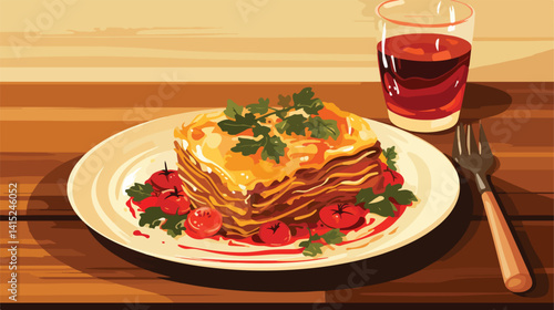 Delicious Tomato Lasagna and Wine on Plate Presentation