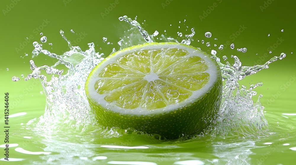 Sliced Lime Splashing in Vibrant Green Liquid with Water Droplets emphasizing freshness. Sliced Lime Splashing in Vibrant Green Liquid with Water Droplets emphasizing freshness.
