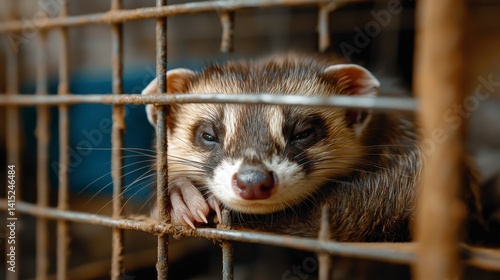 Obraz na płótnie Cute Ferret Relaxing Behind Metal Bars in a Cage w salonie