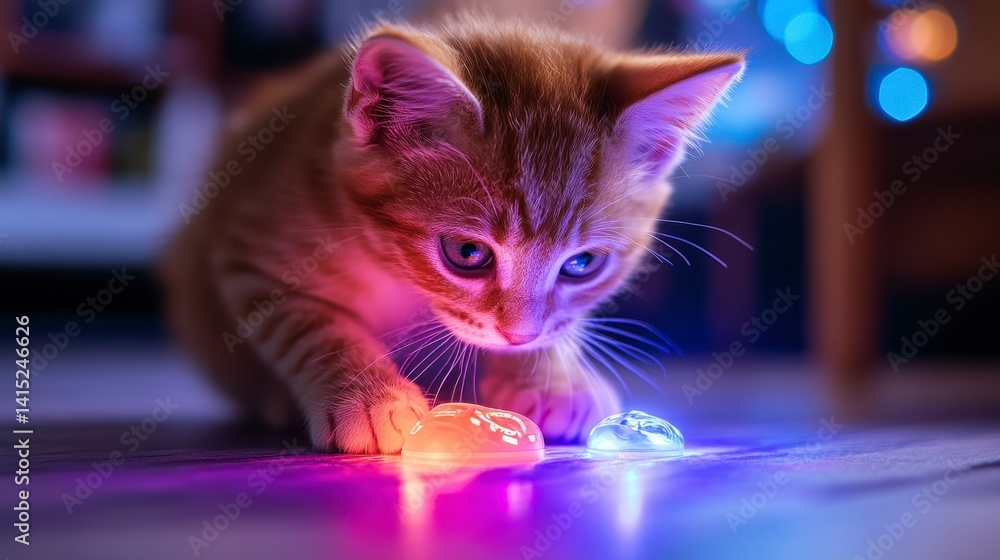 Playful Kitten Interacting with Colorful LED Gadgets on Wood Floor