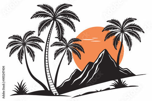 Very Peri Tropical Sunrise Silhouette Vector – Palm Trees, Orange Sun & Mountain Landscape Illustration 