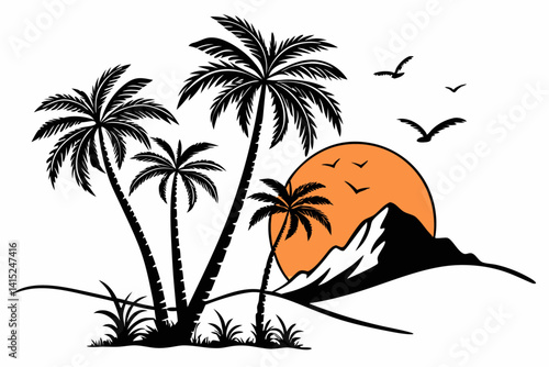Very Peri Tropical Sunrise Silhouette Vector – Palm Trees, Orange Sun & Mountain Landscape Illustration 