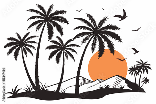 Very Peri Tropical Sunrise Silhouette Vector – Palm Trees, Orange Sun & Mountain Landscape Illustration 