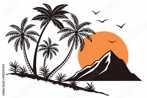 Very Peri Tropical Sunrise Silhouette Vector – Palm Trees, Orange Sun & Mountain Landscape Illustration 