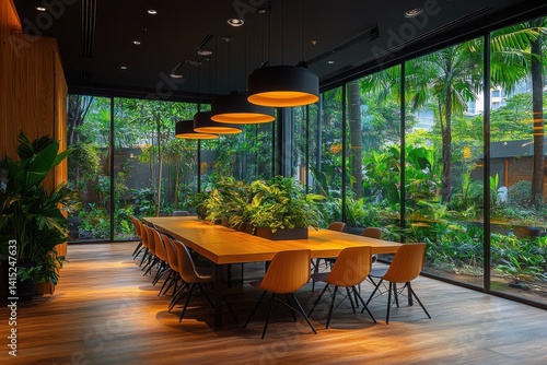 Obraz na płótnie Bright conference room with garden view and modern design creating calm atmosphere w salonie
