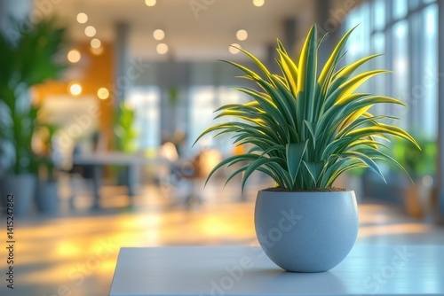 Green potted plant sitting on a table in front of blurred office space background