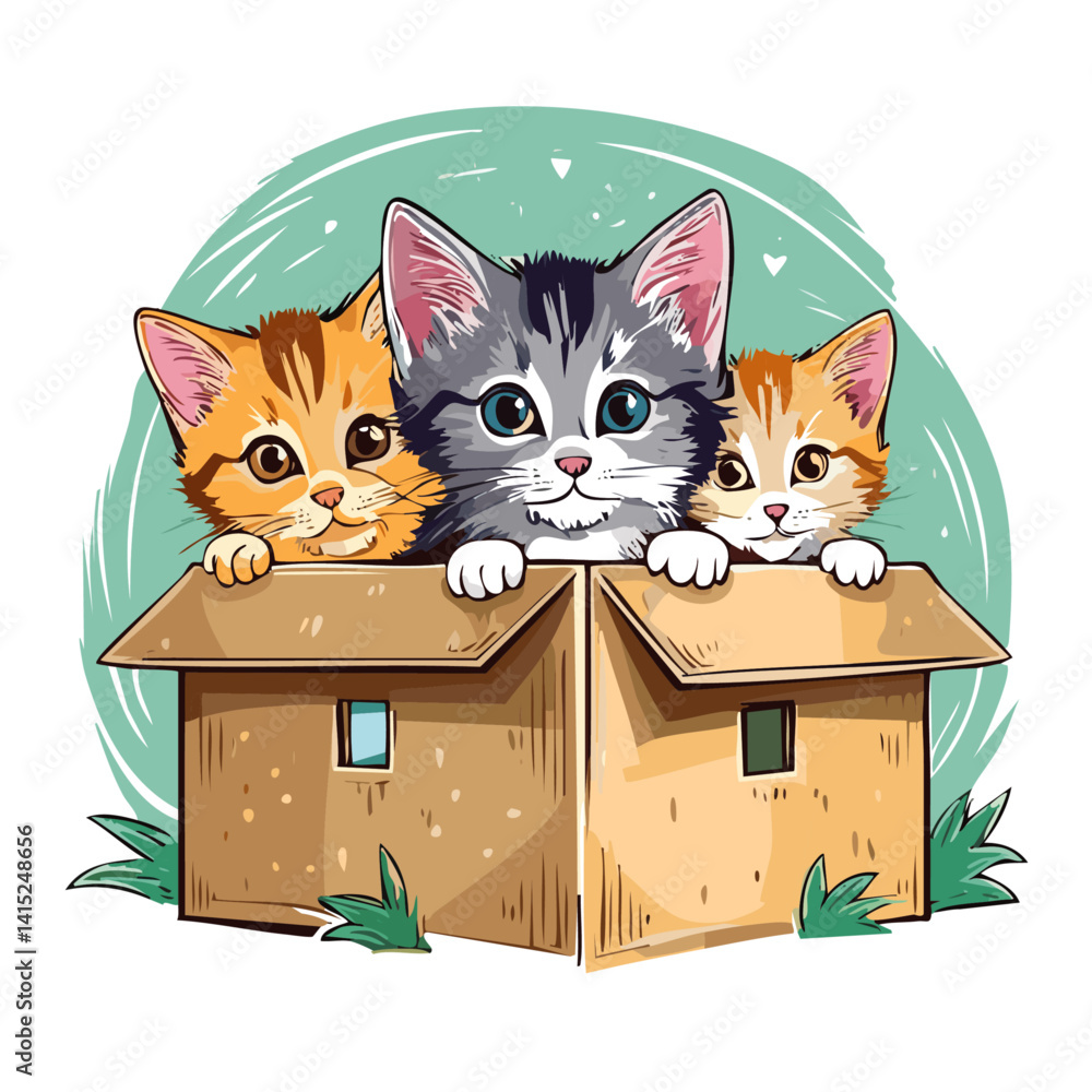 three Playful kittens peeking out from hand-drawn boxes in a charming vector graphic design