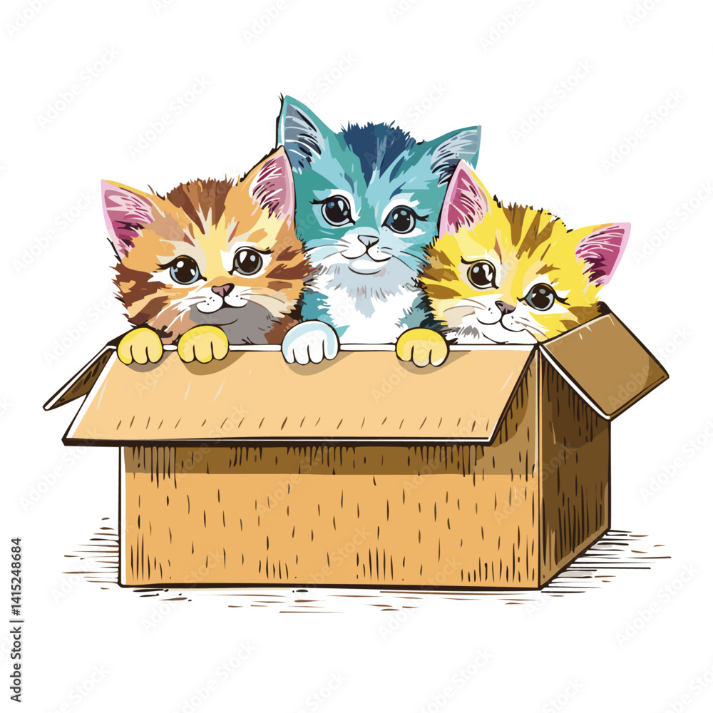 three Playful kittens peeking out from hand-drawn boxes in a charming vector graphic design