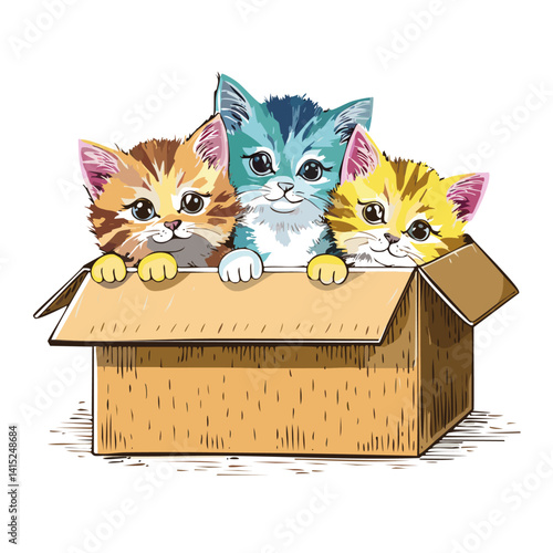 Obraz na płótnie three Playful kittens peeking out from hand-drawn boxes in a charming vector graphic design w salonie