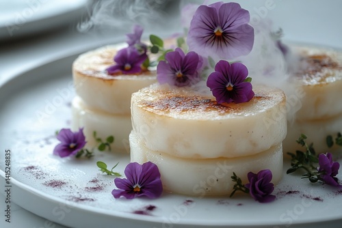 Elegant Stacked Dessert Topped with Edible Flowers and a Misty Effect on a White Plate