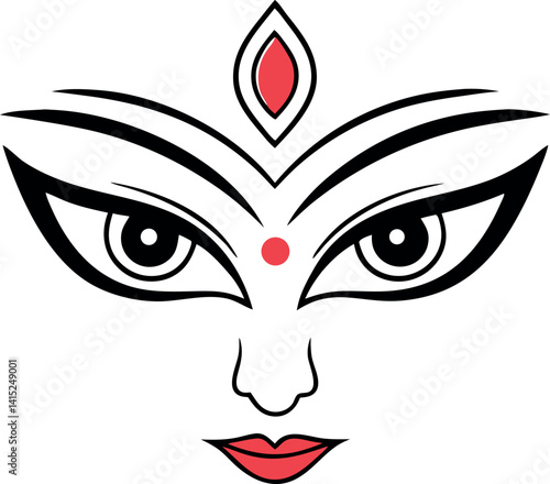 Durga Maa Face with Decorative Eyes, Red Bindi, and Lips on Transparent Background