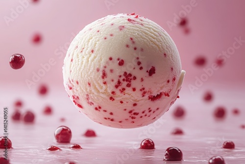 Vanilla Ice Cream with Cranberry Burst on a Pink Surface Surrounded by Cranberries