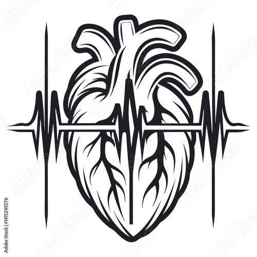Human Heart with EKG line, Medical Art on Transparent Background