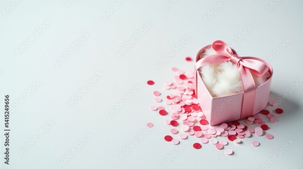 Heart-shaped gift box with fluffy white interior and pink ribbon, surrounded by scattered pink and red confetti on a light background. A charming image perfect for romantic occasions.