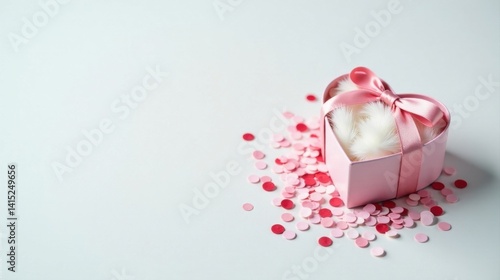 Obraz na płótnie Heart-shaped gift box with fluffy white interior and pink ribbon, surrounded by scattered pink and red confetti on a light background. A charming image perfect for romantic occasions. w salonie