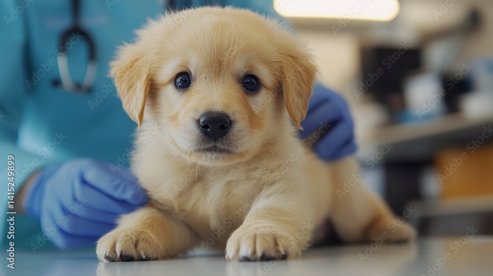 Adorable fluffy puppy on examination table with veterinarian hands