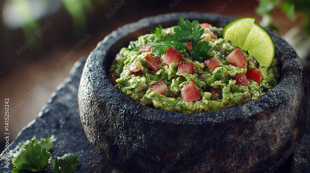Fresh guacamole in stone molcajete