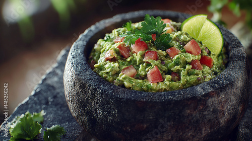 Obraz na płótnie Fresh guacamole in stone molcajete w salonie