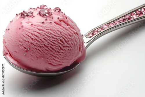 Obraz na płótnie Pink ice cream scoop with elegant jewel-encrusted spoon on a white background w salonie