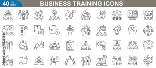 Business training icons set. Vector line icons for leadership development, teamwork, skill enhancement, perfect for presentations, e-learning, and more. Vector illustration
