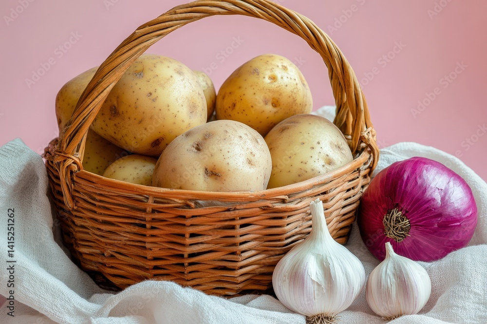 Fresh potatoes, onions, and garlic in a wicker basket.