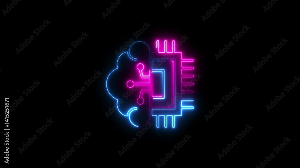 Glowing neon artificial intelligence icon isolated on black background. HD Video motion graphic animation Glowing neon artificial intelligence icon isolated on black background. HD Video motion graphic animation