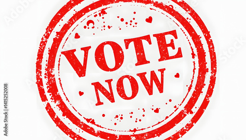 vote now red vintage grungy isolated round stamp, realistic, with white tones