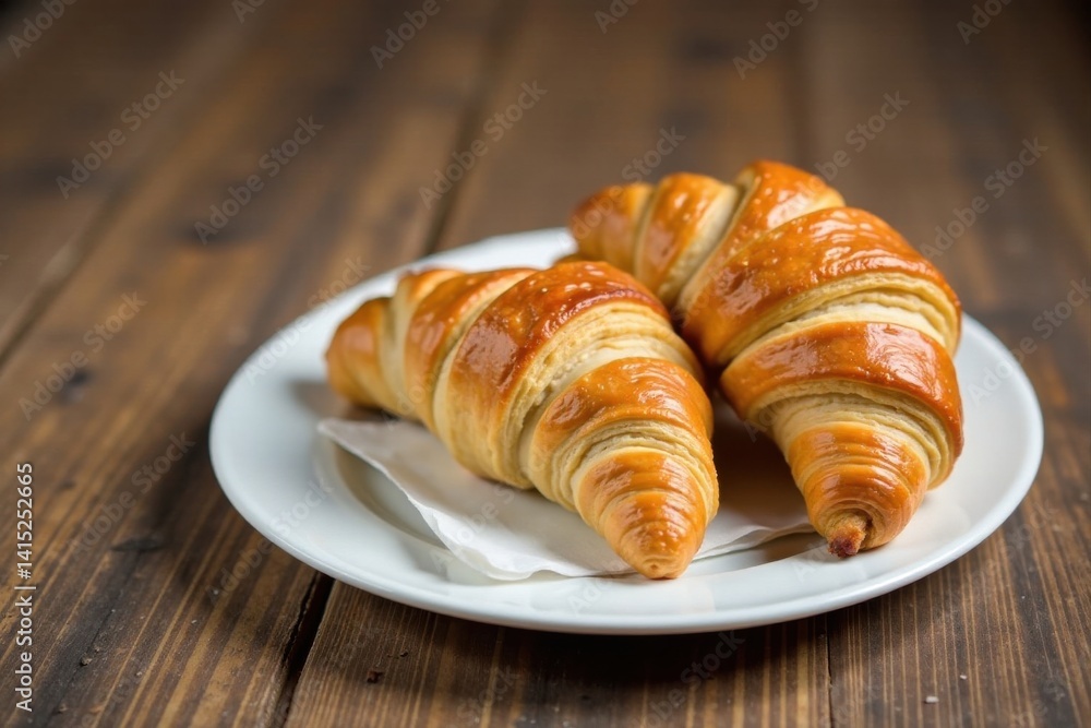 A pair of golden-brown croissants rest on a pristine white plate, atop a rustic wooden surface.