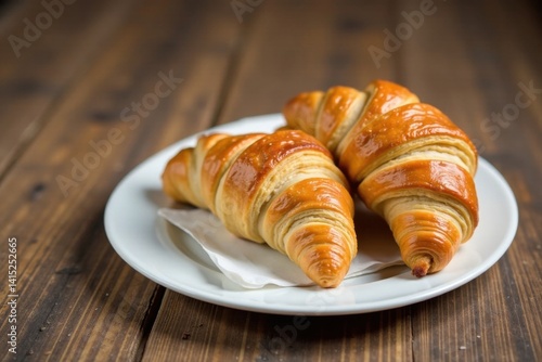 Obraz na płótnie A pair of golden-brown croissants rest on a pristine white plate, atop a rustic wooden surface. w salonie