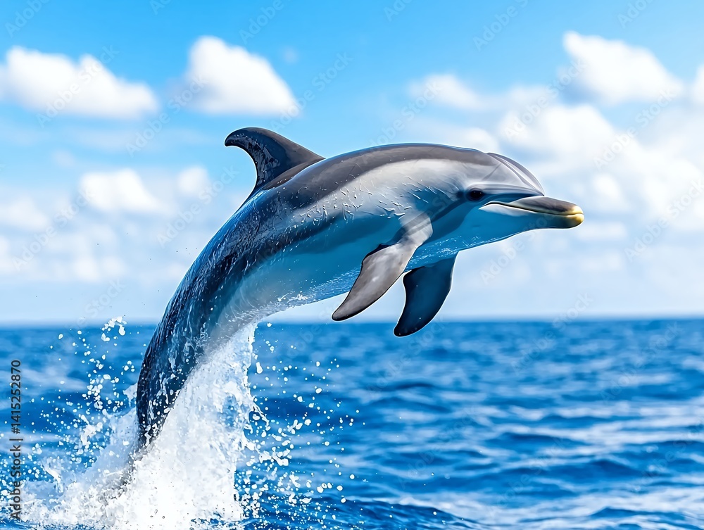 Fototapeta premium Dolphin Leaps from Ocean Blue Splashes Sky White Clouds Mammal Marine Life