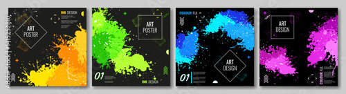 Set of abstract posters. A colorful splash of paint or ink on a black background. Design background, cover, postcard, magazine, poster. Vector illustration.	