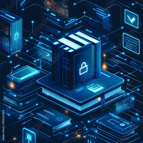 Digital books secured by advanced data protection systems. Cloud library with safety measures. Futuristic Technology Backgrounds Secured Digital Library: Data Protection in the Cloud