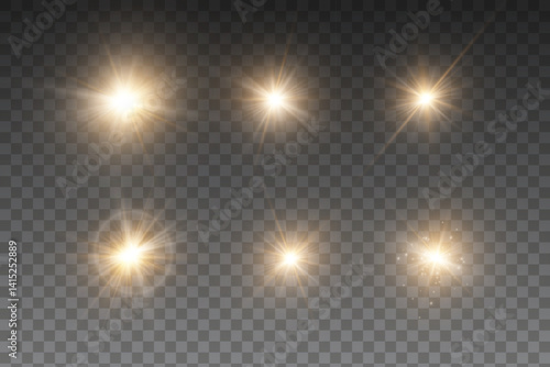 Light yellow star. Light sunny sparkle. White light flash gold. Vector illustrator. lighting effects. Beam a spotlight and a star with bokeh and dust.Glowing abstract isolated lenses with light effect