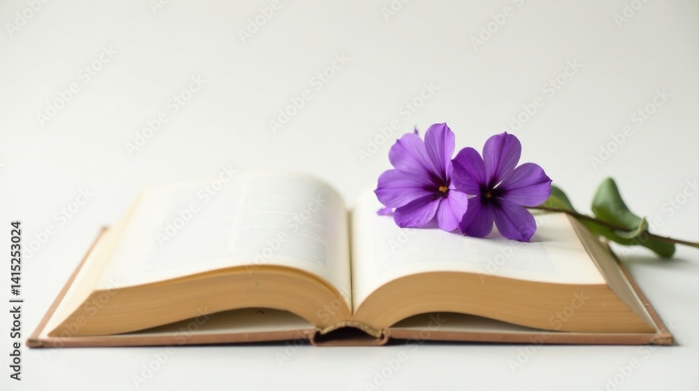 Open book with delicate purple blossoms resting gently on its pages, a serene and peaceful scene suggesting quiet reading and reflection.