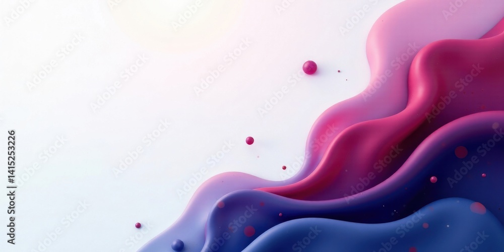 Abstract Fluid Forms in Vibrant Hues with Scattered Spheres on a Light Background