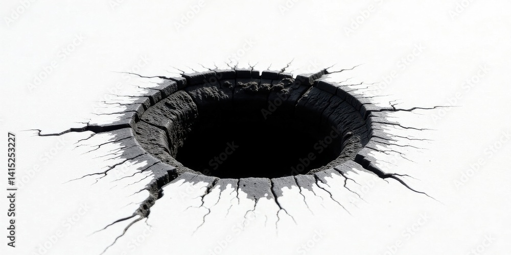 Abstract Dark Crater on a White Surface, Featuring Radial Cracks Emanating from a Central Void