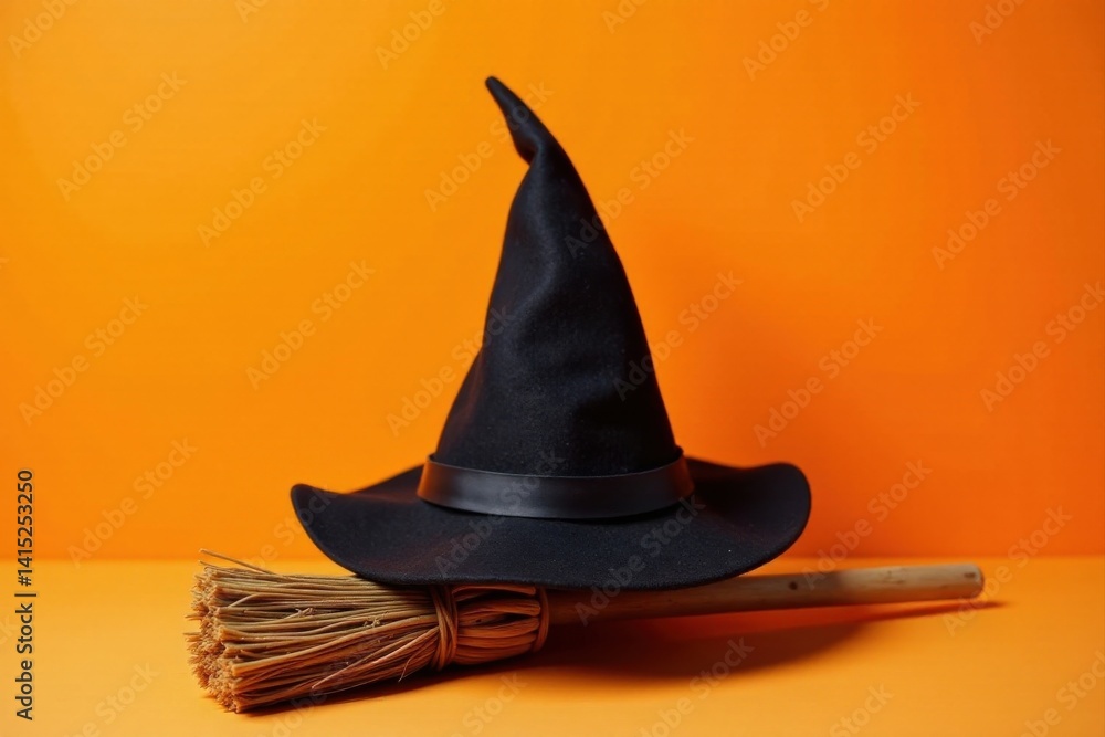 A classic black witch's hat rests elegantly atop a rustic, straw-like broomstick against a vibrant orange backdrop.