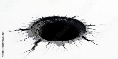 Obraz na płótnie Abstract Dark Crater on a White Surface, Featuring Radial Cracks Emanating from a Central Void w salonie