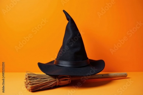 Obraz na płótnie A classic black witch's hat rests elegantly atop a rustic, straw-like broomstick against a vibrant orange backdrop. w salonie
