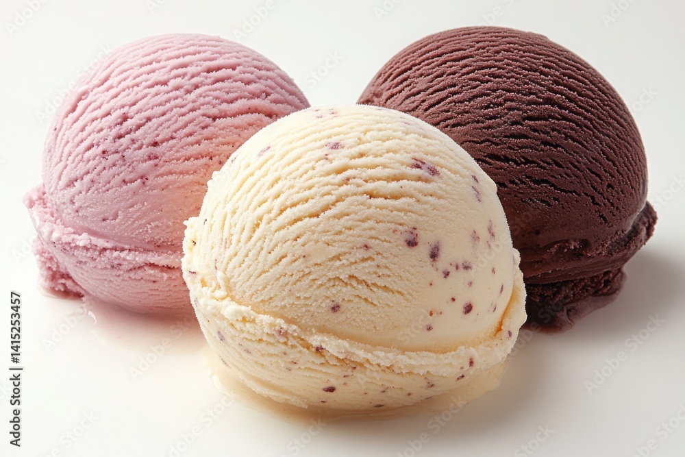 Three scoops of different flavored ice cream on a white surface close-up view