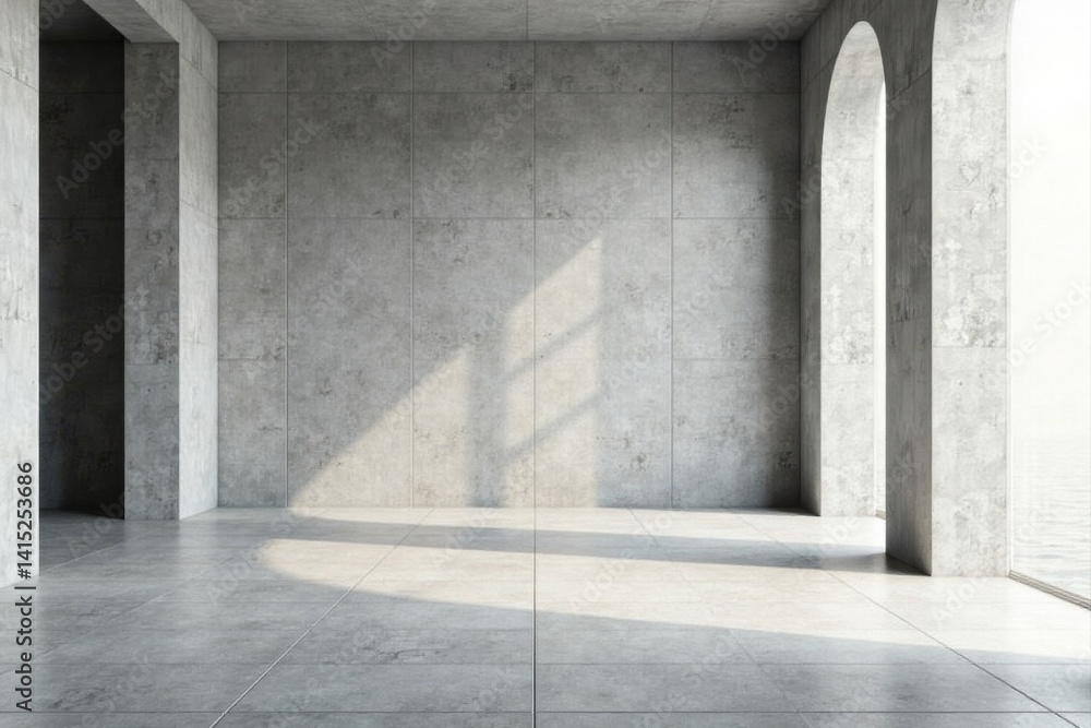 Sunlit Minimalist Concrete Room with Arched Windows and Polished Floor