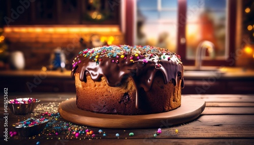 panettone with chocolate glaze and colored sprinkles on a wooden dark surface against the background of a kitchen