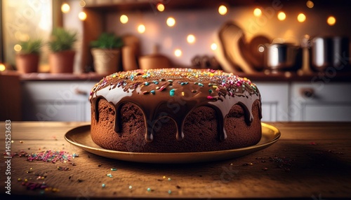 panettone with chocolate glaze and colored sprinkles on a wooden dark surface against the background of a kitchen