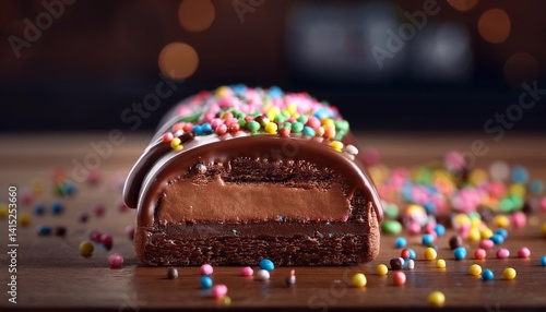 panettone with chocolate glaze in a cut of a dark surface