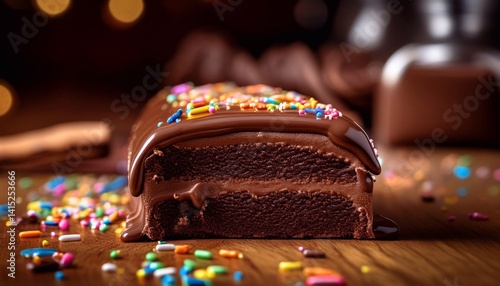 panettone with chocolate glaze in a cut of a dark surface