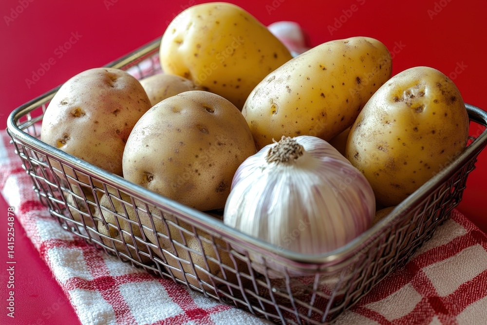 Fresh potatoes and garlic in a wire basket. Fresh potatoes and garlic in a wire basket.